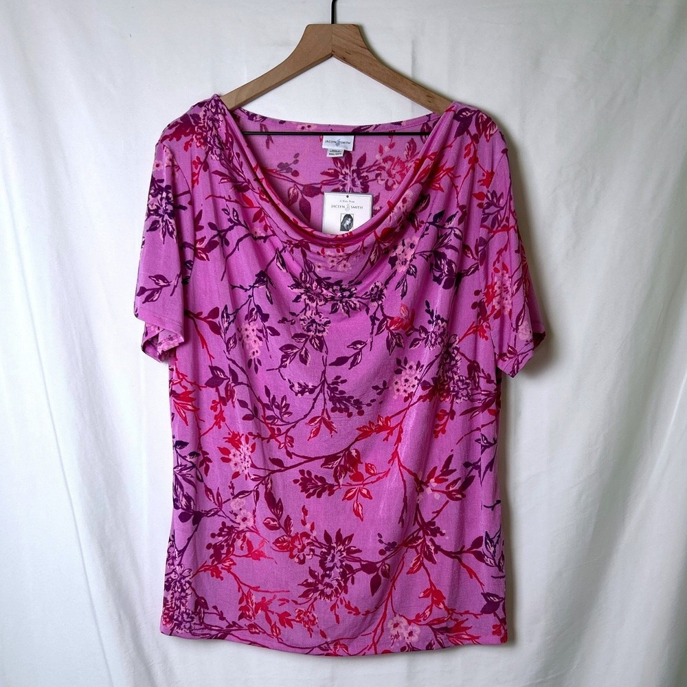 Jaclyn Smith Womens Floral Cowl Neck Slinky Shell Top Size XXL Purple Pink NEW
